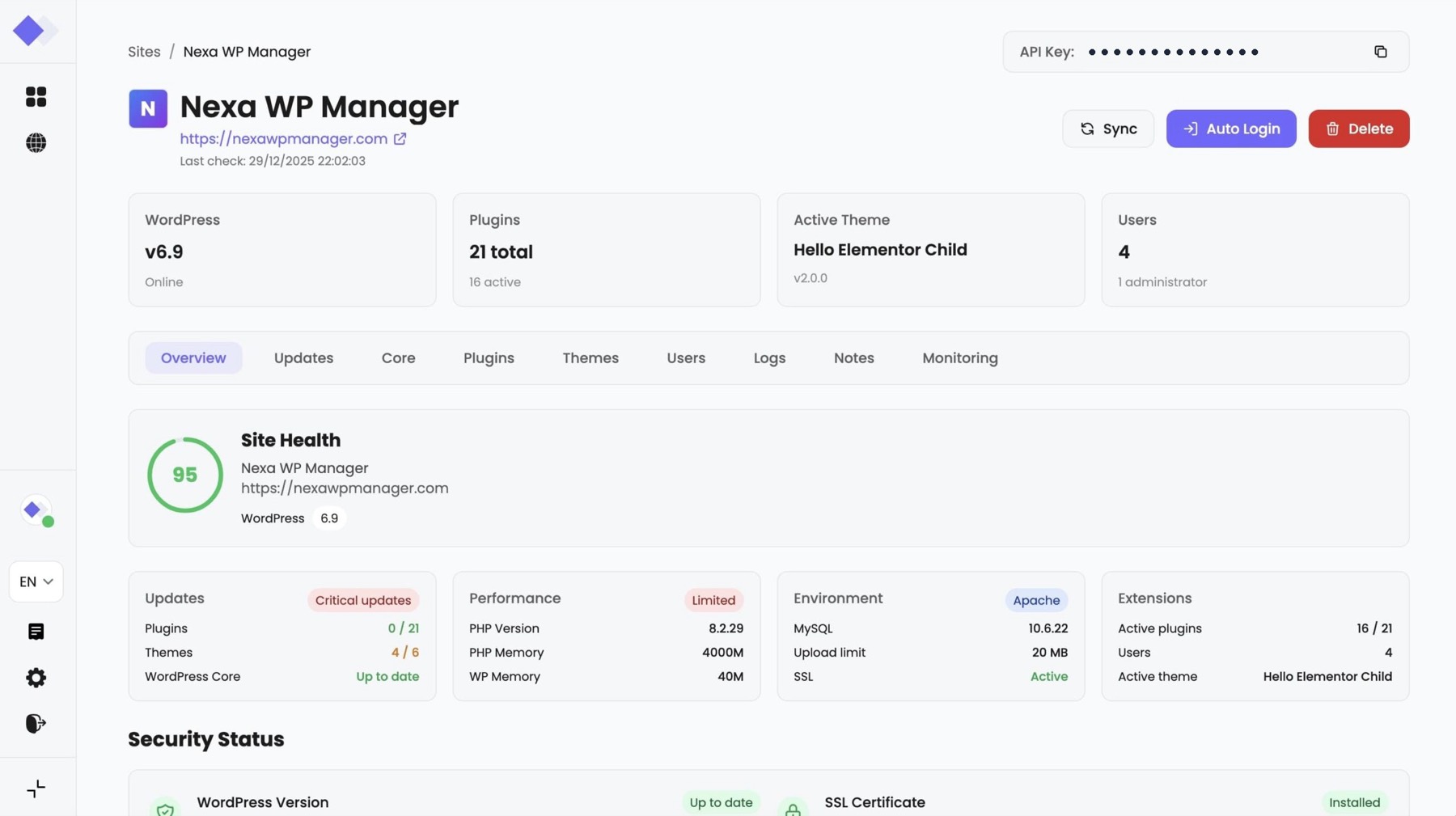 Dashboard NexaWP Manager : état de santé, mises à jour et sécurité d'un site WordPress